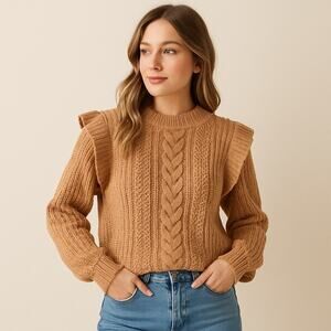 Böhme Chunky Cable Knit Sweater Boho Ruffle Shoulder 100% Cotton Tan Medium